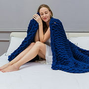 Chunky Knit Throw Blanket Soft Cozy Chenille Casual Handwoven Blanket for Bed Sofa Chair Home Decor (Navy, 40" × 40")