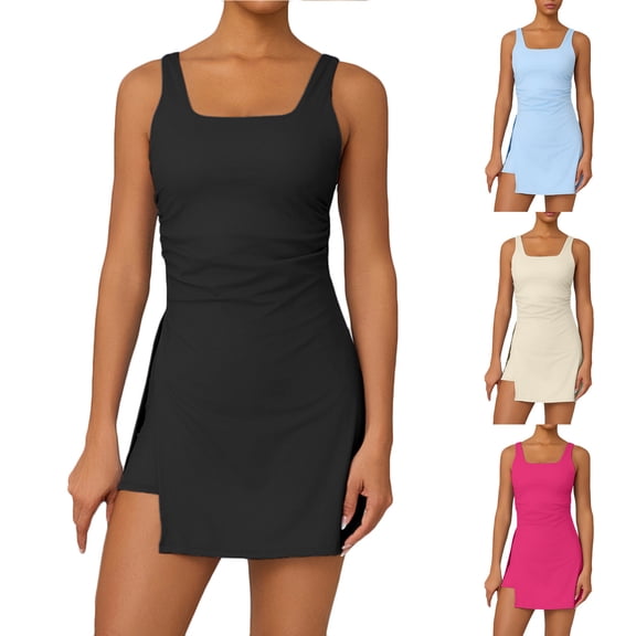 Meichang Womens Tennis Dresses with Built in Shorts Sleeveless Square Neck Wide Strap Athletic Dress Summer Cut Out Back Golf Workout Dress with Side Slit
