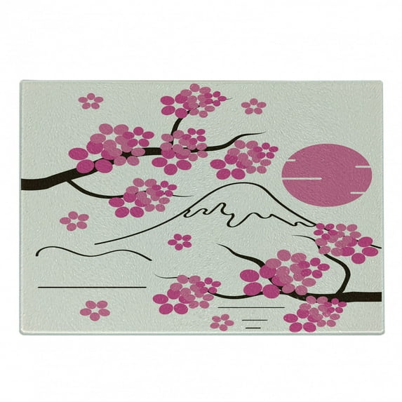 Pink Floral Cutting Board, Japanese Abstract Arty of Cherry Blossom and Mount Hill with Sun, Decorative Tempered Glass Cutting and Serving Board, in 3 Sizes, by Ambesonne