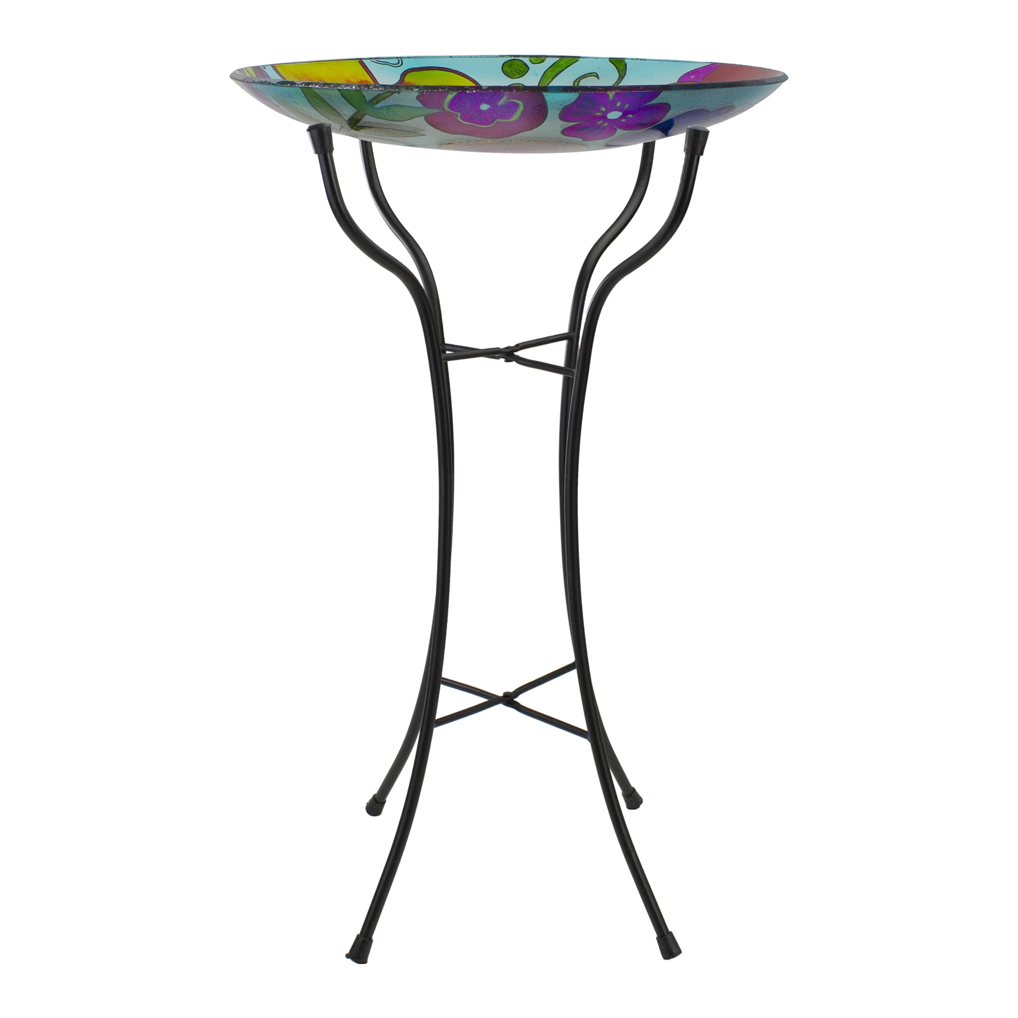 Northlight Portable Freestanding Glass Bird Bath Basin with Black Collapsible Metal Stand, Floral and Garden Style