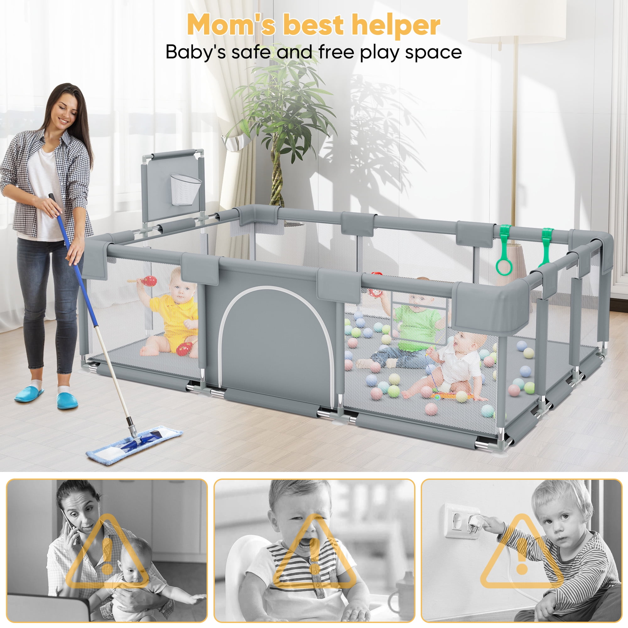 babyeap Baby Playpen,73 Inch Extra Large Baby Playard,Playpen for Babies and Toddlers With Basketball Hoop,Children Kids Play Fence for Indoors Outdoors,Gray