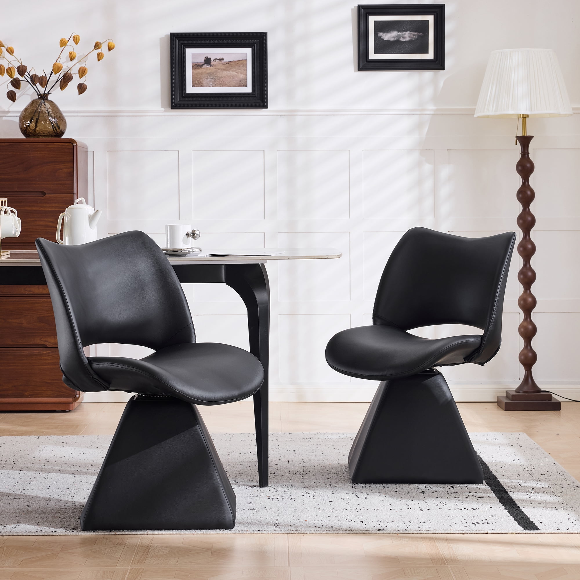 HOQBN Modern Swivel Dining Chair with Faux Leather, 360-Degree Upholstery Dining Chair with High Curved Back for Kitchen, Dining Room,Black