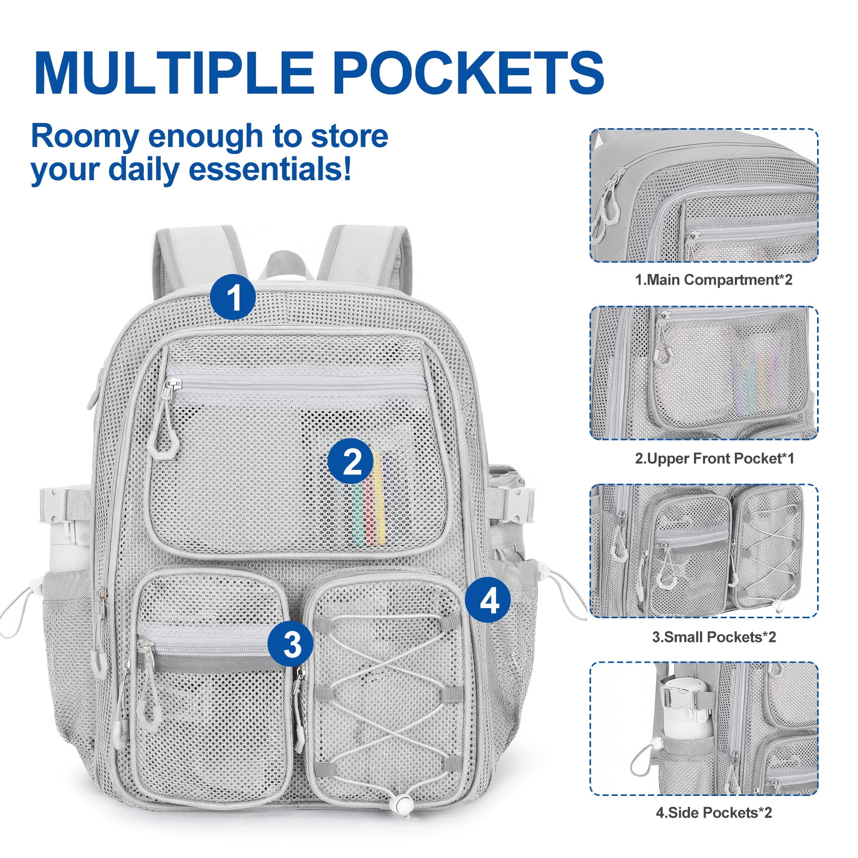 KOITHOT Mesh Backpack Heavy Duty, Stadium Approved Multi-Pocket Beach Backpacks for Adults, See Through Transparent Mesh Bookbag for School & Travel(Gray)