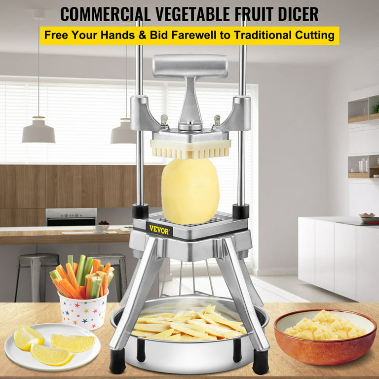 VEVORbrand Commercial Vegetable Fruit Chopper,Stainless Steel French Fry  Cut with 4 Blades 1/4 3/8 1/2in,Vegetable Chopper Dicer with Stainless  Bowl,Heavy Duty Cutter for Potato Tomato Onion Mushroom 