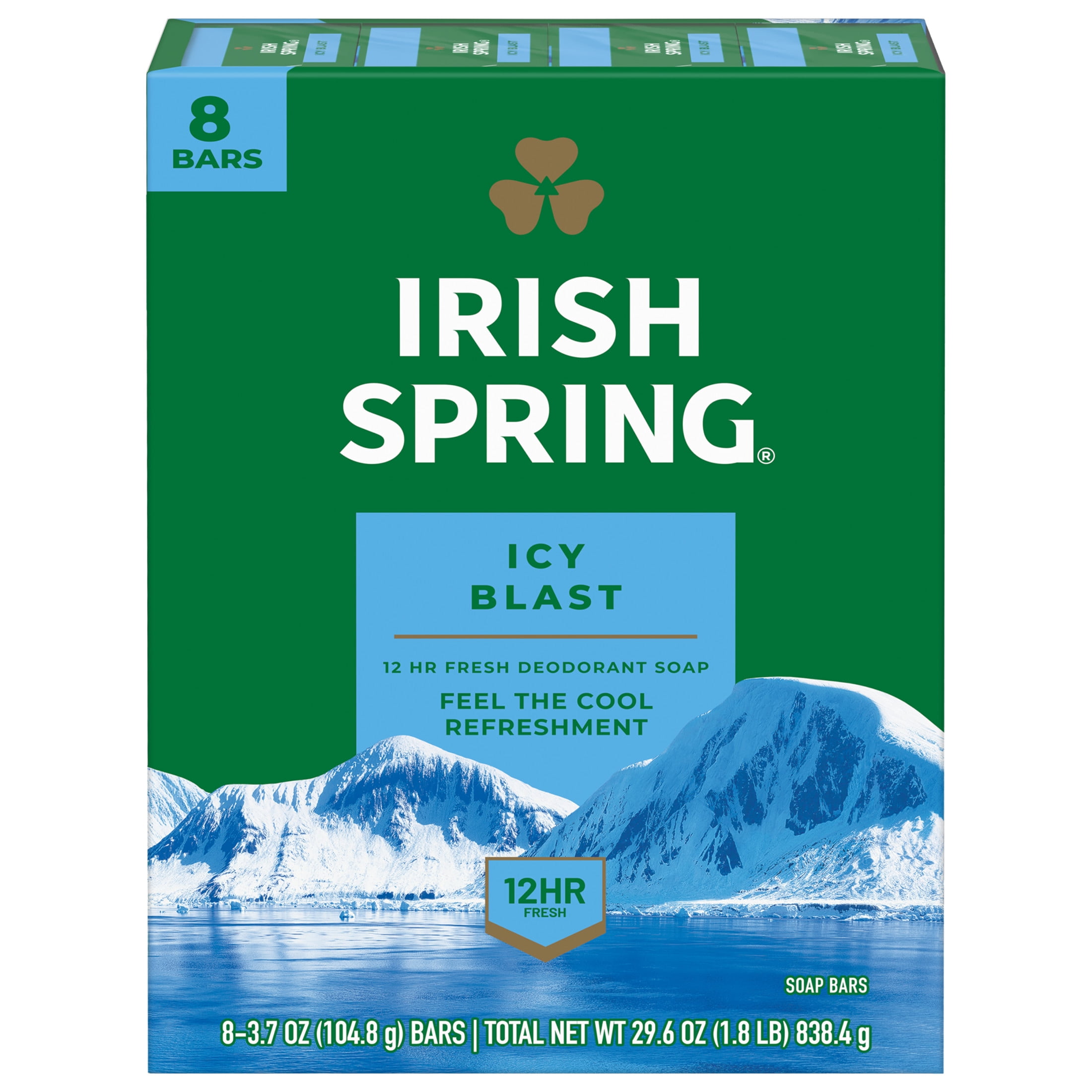 Irish Spring Icy Blast Deodorant Bar Soap for Men, With Flaxseed Oil, 3.7 oz Bar (8 Pack)