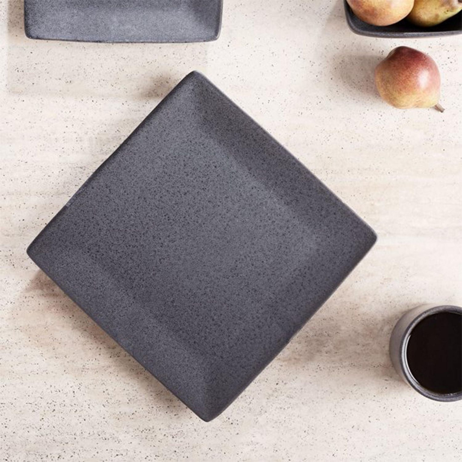 Better Homes & Gardens Anderson Dark Grey Square-Shaped Dinner plate, Dinner plate is 100% ceramic stoneware with a reactive glaze finish. Designed in a trendy shade of dark gray. Dishwasher and microwave safe.