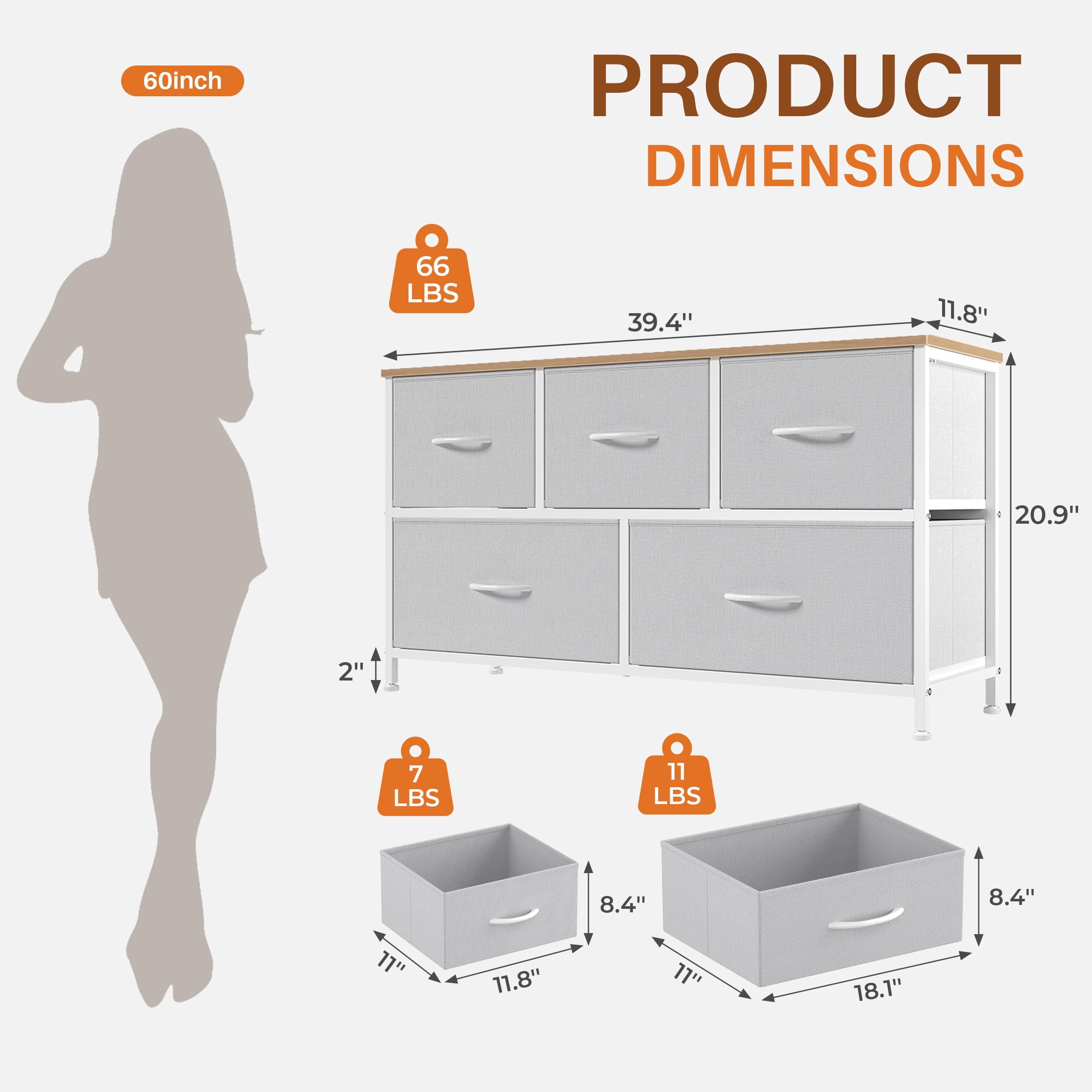 CONCETTA Dresser 5 Fabric Storage Drawer Dresser, TV Stand, Chest of Drawers for Bedroom, Closet, Entryway, Living Room, Light Gray