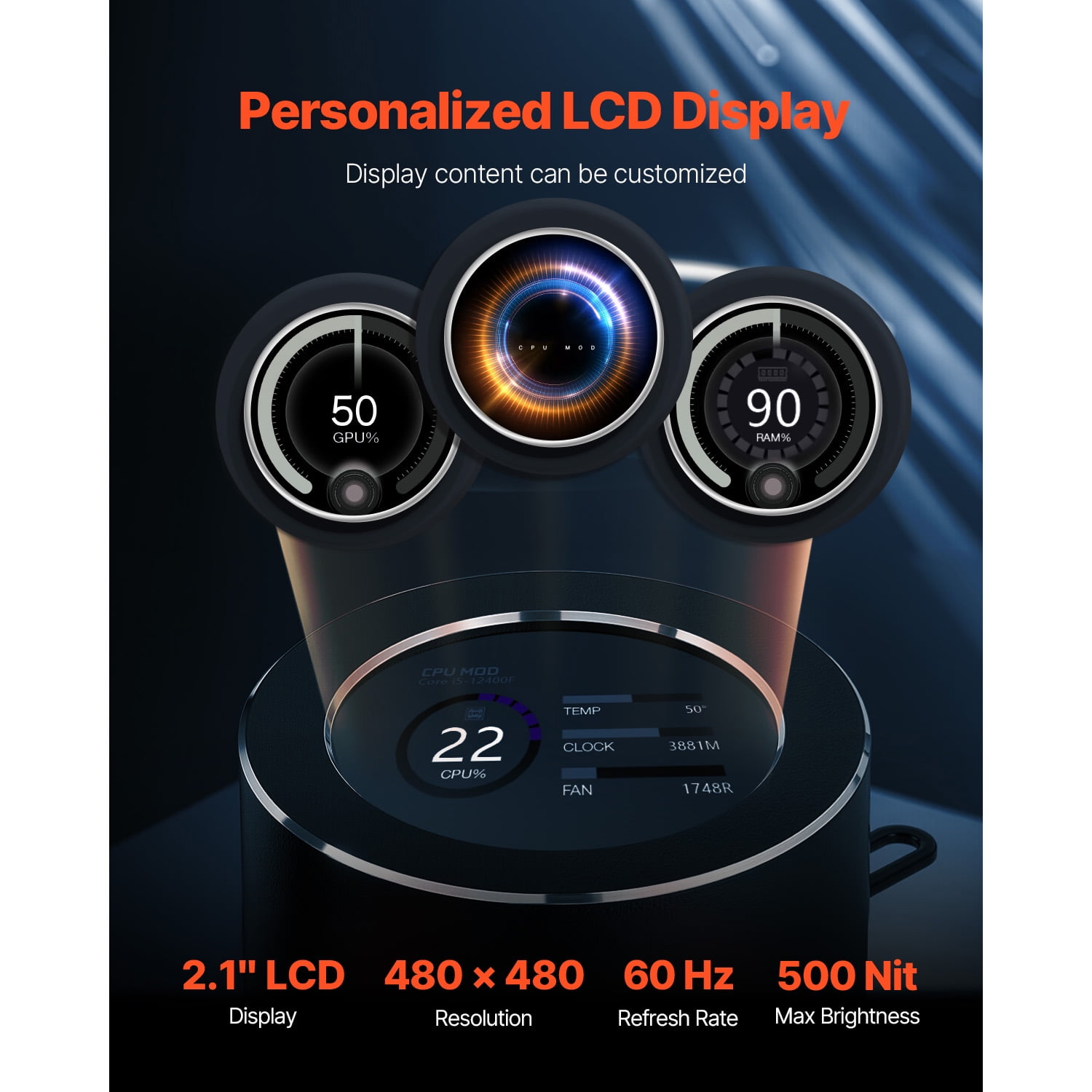 KFFKFF CPU Liquid Cooler, Combined CPU Water Cooler - Set of Three 120mm PWN Fans, Pump & 2.1'' LCD Display, Maximum 2200PRM Black CPU Cooling Fan, Compatible with Intel 115X/1366/2011/1700/1200