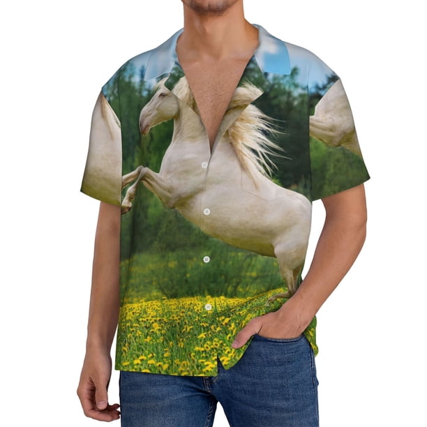 Balery Horse Rearing Up In The Field Camisa Casual de Manga Corta con Botones para Hombre, Texturizada, Estilo Cubano, para Playa, Verano-XX-Large