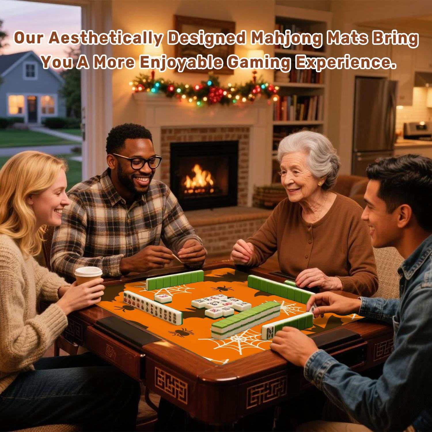 Mahjong Mat 31.5" x 31.5" Halloween seamless bats spiders web Black bat orange Cute for textile Non-Slip Noise Reduction American Mahjong Tiles Table Cover for Dominoes Poker Card Board Games Gift