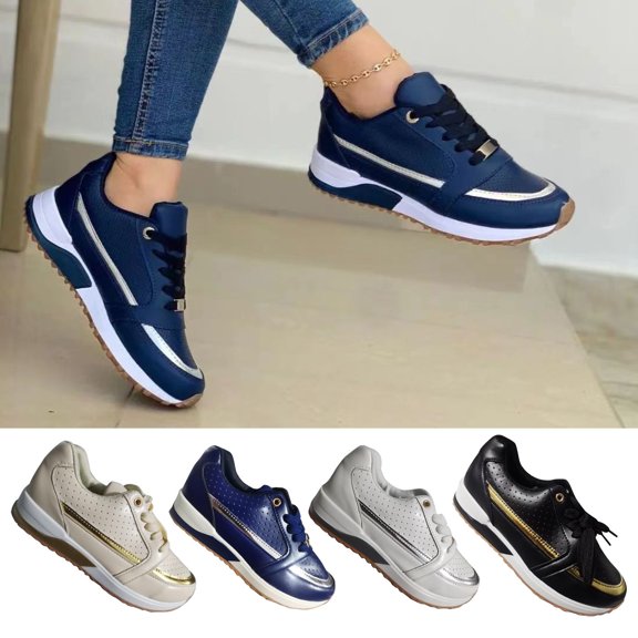 Crunowin Women's Sneakers, Lace-Up Low Top Color Block Plus Size Thick Sole Sporty Casual Shoes Dark Blue 9