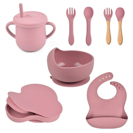 

HeroNeo 8 Pcs Baby Silicone Bib Divided Dinner Plate with Lid Sucker Bowl Spoon Fork Cup