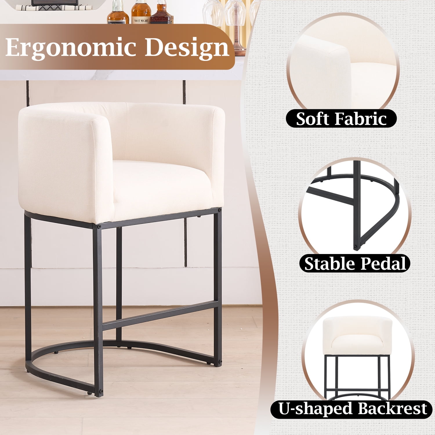 FANCROU 26" H Counter Height Bar Stools Set of 2, Fabric Barrel Stools with Back and Arms, Beige-Black Leg