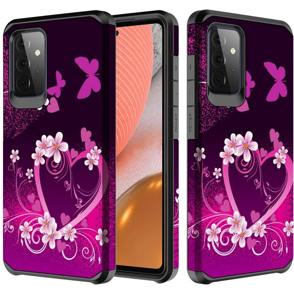 For Samsung Galaxy A52 Case w[Tempered Glass Screen Protector] Cute Girls Women Glitter Protective Phone Cover Cases - Hot Pink Heart