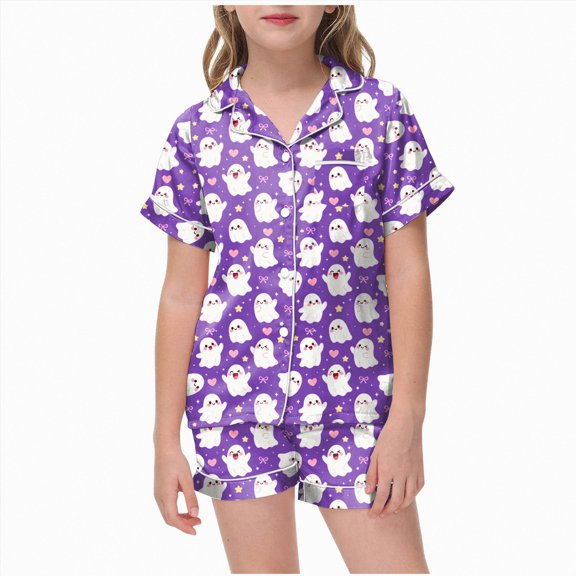 KPOPLK Halloween Pajamas for Girl Teen Satin Silk Pjs Short Sleeve Button Down Shirt and Shorts Set Sleepwear,Size 2-3 Years