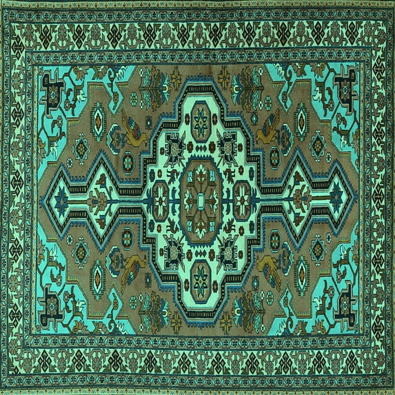 Ahgly Company Machine Washable Indoor Square Persian Turquoise Blue Traditional Area Rugs, 4' Square