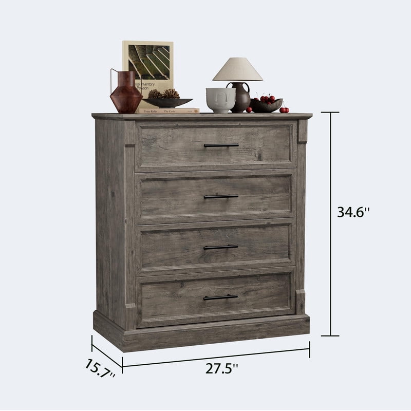 TROPOW Farmhouse 4 Drawer Dresser for Bedroom, Tall Chest of Drawers with Metal Handles, Rustic Wooden Dresser TV Stand, for Living Room, Hallway, Grey