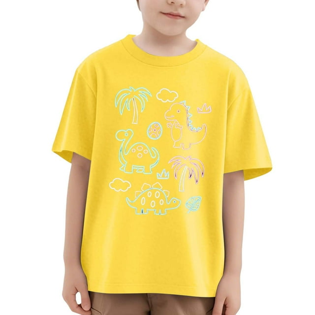 NINGMENG Hauts et T-Shirts pour Filles, Imprimé Dinosaure, Col Rond, Manches Courtes, Décontracté, Jaune, 5-6 Ans