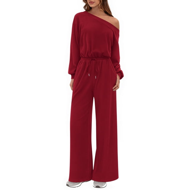 Mono PRETTYGARDEN con Hombros Descubiertos, Manga Larga, Color Rojo Vino, Talla S