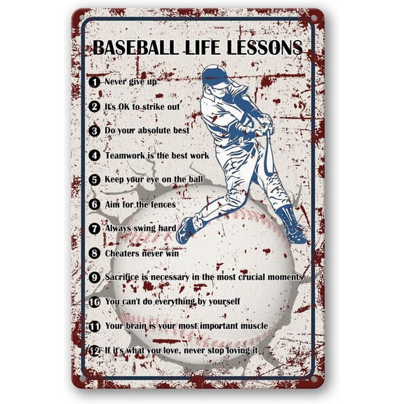 Baseball Life Lessons Never Give Up Metal Wall Art Sign, 8x12 Inch Tin Home Decor