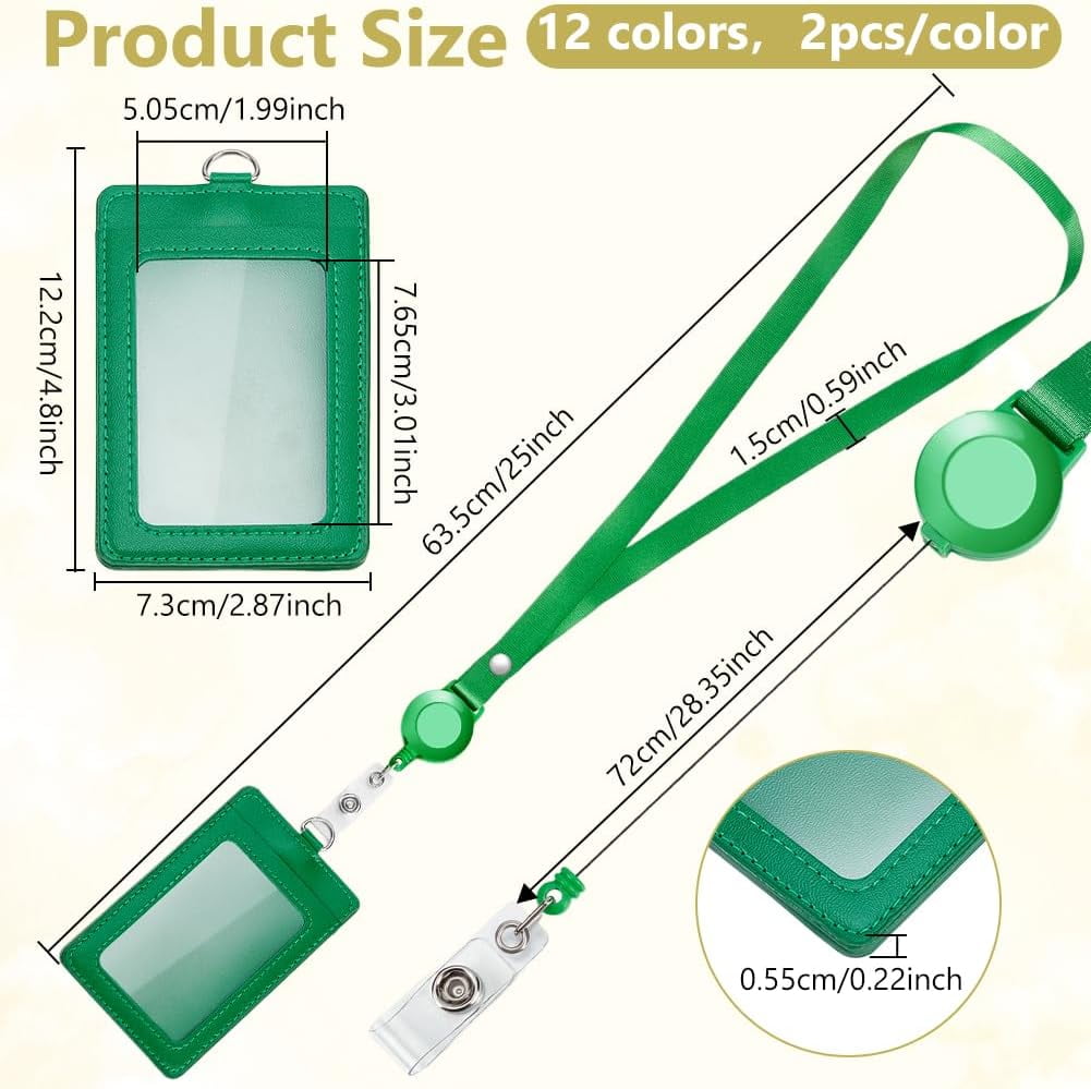 24 Pack PU Leather Badge Card Holder Colorful Retractable Lanyards with Vertical ID Card Badges Name Tag Holder Holder with Clear Multi-color