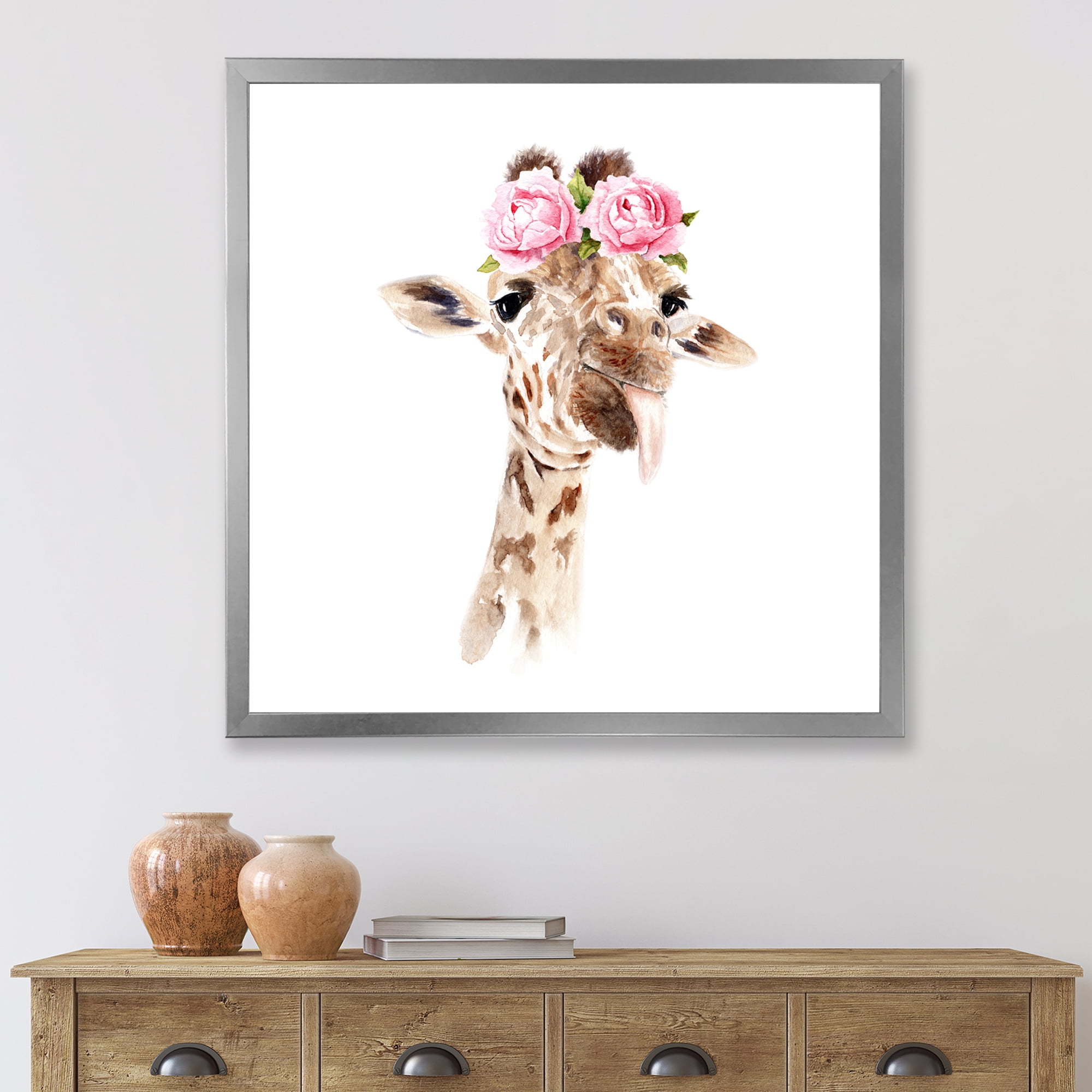 Designart 'Portrait of A Giraffe With Pink Flowers' Farmhouse Framed Art Print