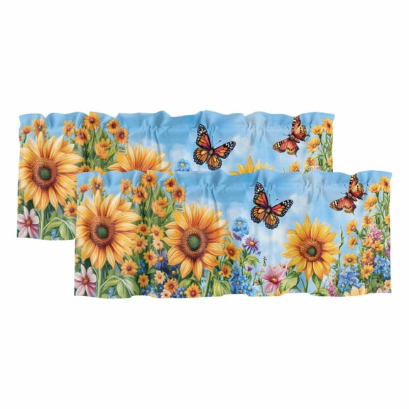 2 Pack Sunflower Butterfly Valance for Window Watercolor Daisy Floral Summer Garden Kitchen Valance Rod Pocket Short Curtain Topper Decorative Window Treatment for Living Room Bedroom 54"x18"