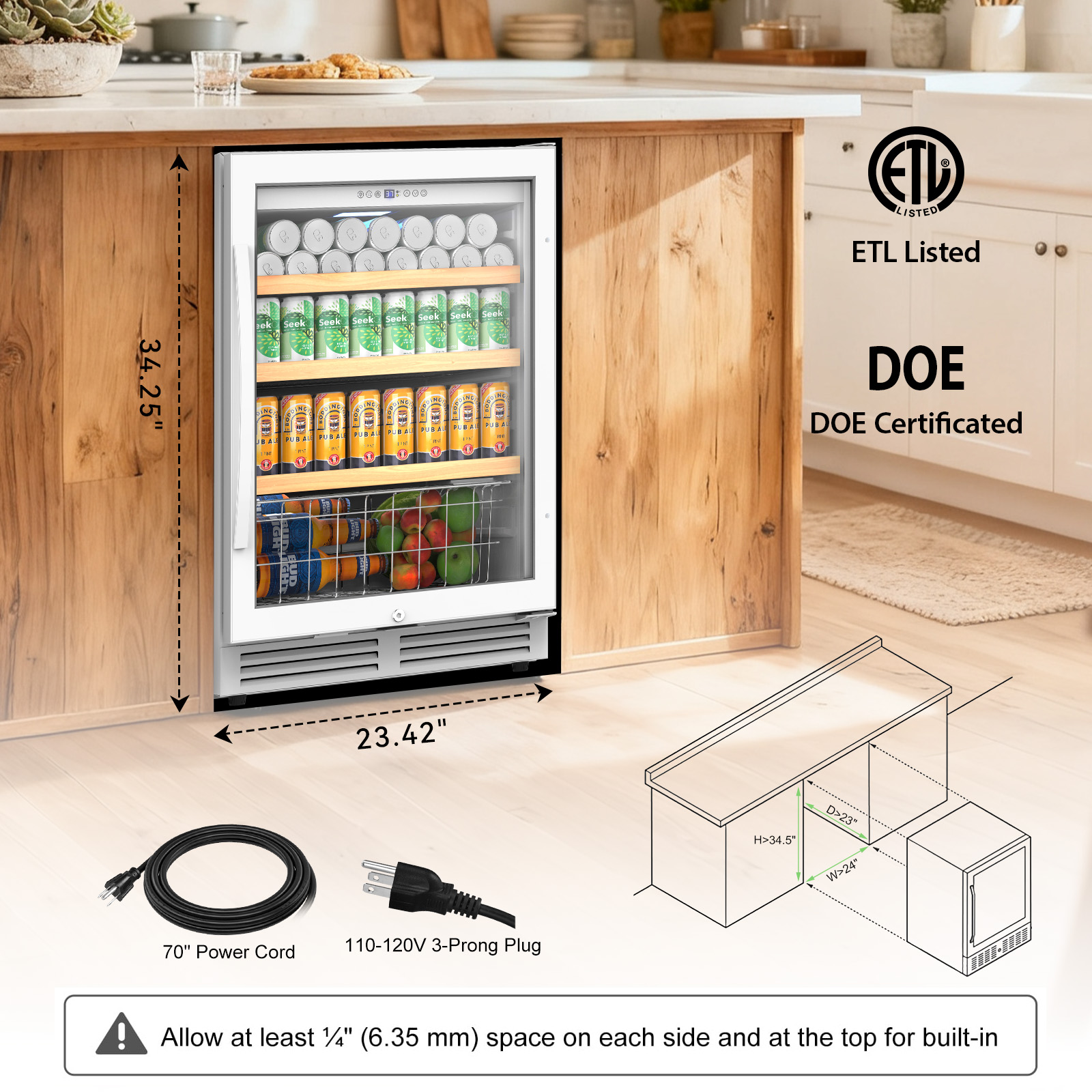 TITTLA 24 inch Beverage Refrigerator,180 Cans Under Counter Beverage Cooler with Glass Door for Kitchen Bar Office,White