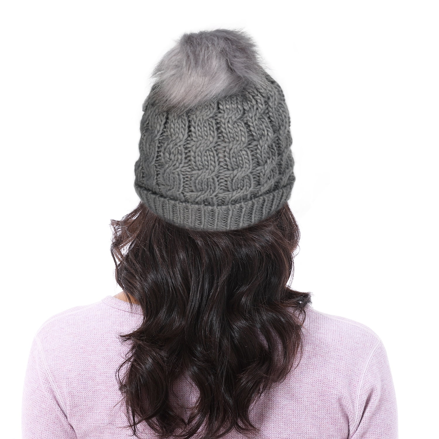 Solaris Winter Cable Knit Beanie Hats with Fur Pom Pom for Women