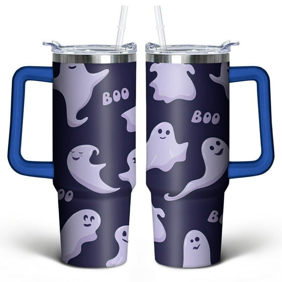Spooky Cute Halloween Tumbler 30oz - Ghost Moon Witch Design - BPA-Free Insulated Leak-Proof Mug with Straw