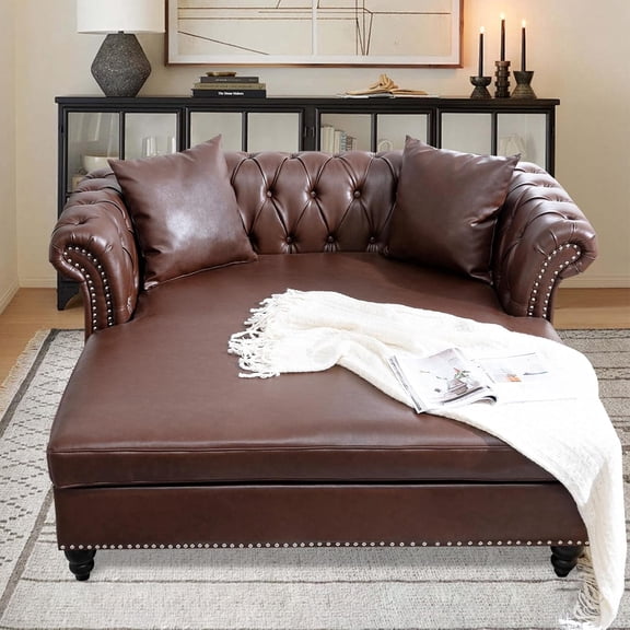 63" Oversized Brown Faux Leather Chaise Lounge, Indoor Couch Bed with Rolled Arms & 2 Pillows