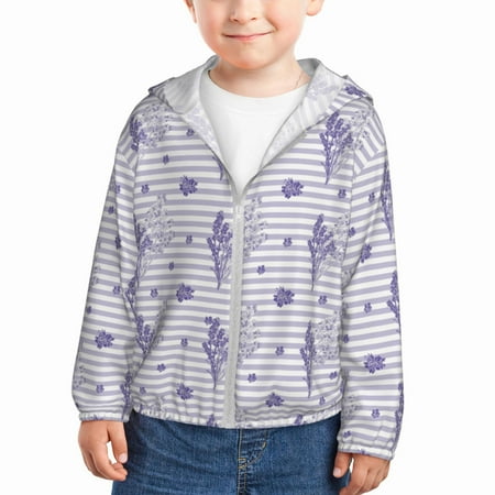 

Qekee Stripes and Sprigs of Lavender Print UPF 50+ Kids Sun-Protective Hooded Long Sleeve Rash Guard for Fishing Water Beach Sports -18 Months