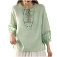thumbnail image 3 of DDAPJ pyju Plus Size 3/4 Sleeve Tops for Women Cotton Linen V Neck Lace-Up Shirt Dressy Casual Embroidered Blouses Ofertas Prime Green XXXXL, 3 of 7