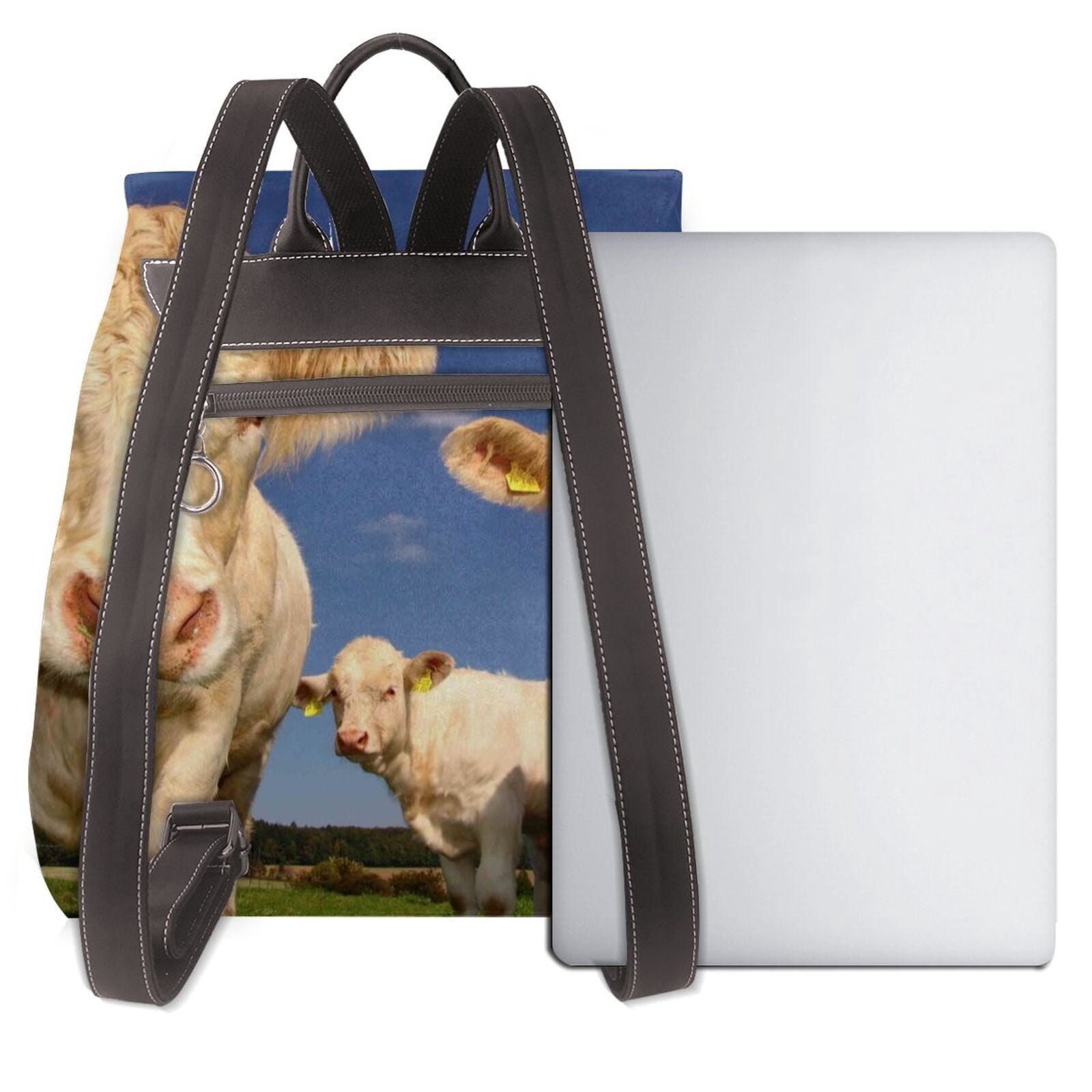Xecao Cows Cattles Print Large Backpack Soft Leather for Women Travel with Compartment, Adjustable Convertible Strap