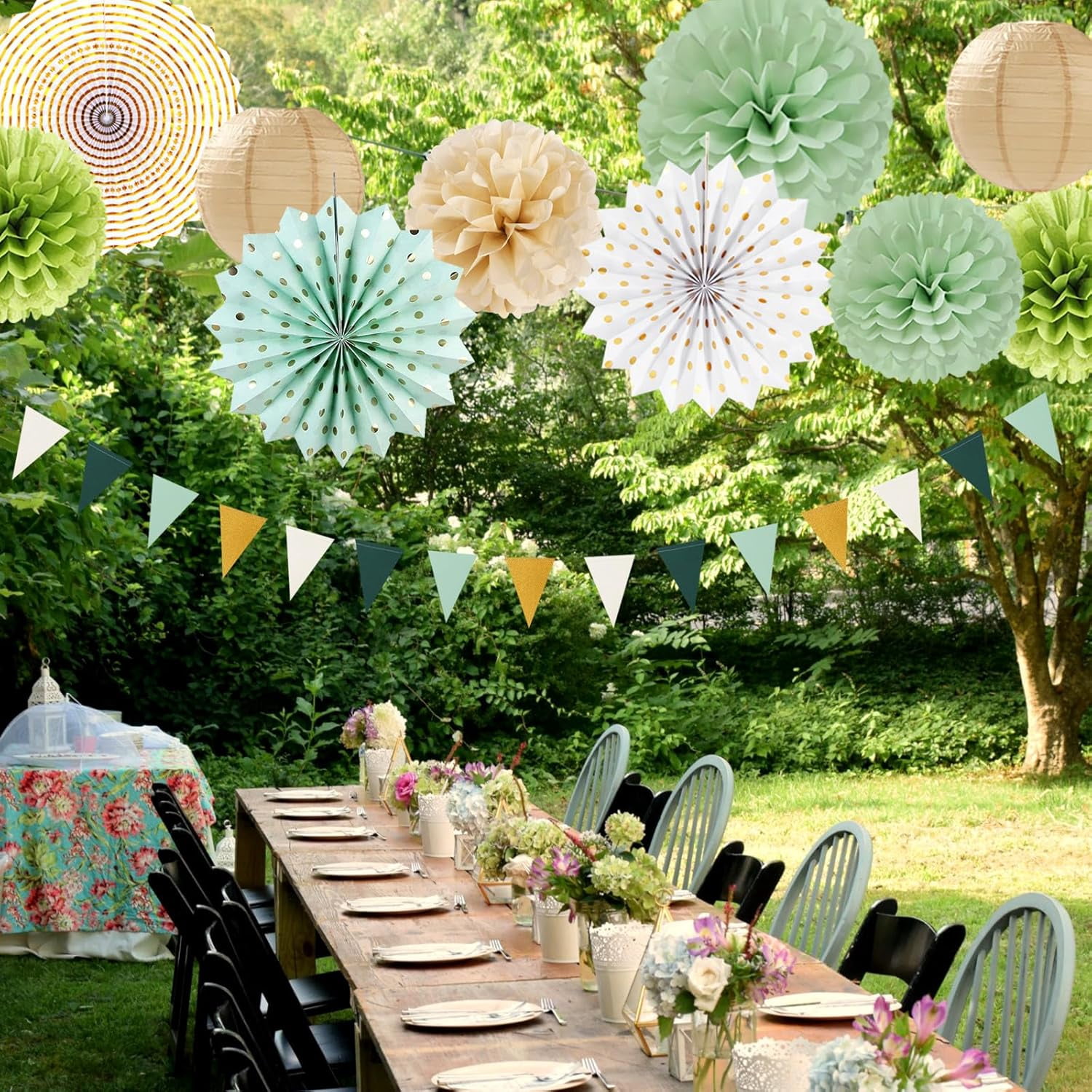 NestE Sage-Olive Green Gold Brown Boho Party-Decorations - 33pcs Paper Lanterns Fan, Banner,Streamers Tassel Garland,Tissue Pom Poms,Baby Bridal Shower Birthday Wedding Bachelorette Engagement Decor