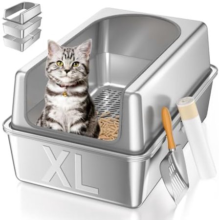 XXL Stainless Steel Sifting Litter Box for Big Cats,Metal Sifting Cat Litter Box for Wood Pine Pellets,Extra Large Sifter Litter Pan System,Odor Control,Easy to Clean,with Liners and Metal Scoop