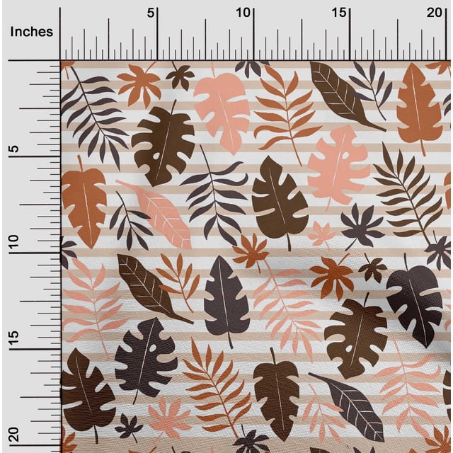oneOone Coton Flex Brun Tissu Rayé & Feuilles Bloc Robe Tissu Tissu Imprimé par la Cour 40 Pouces de Large