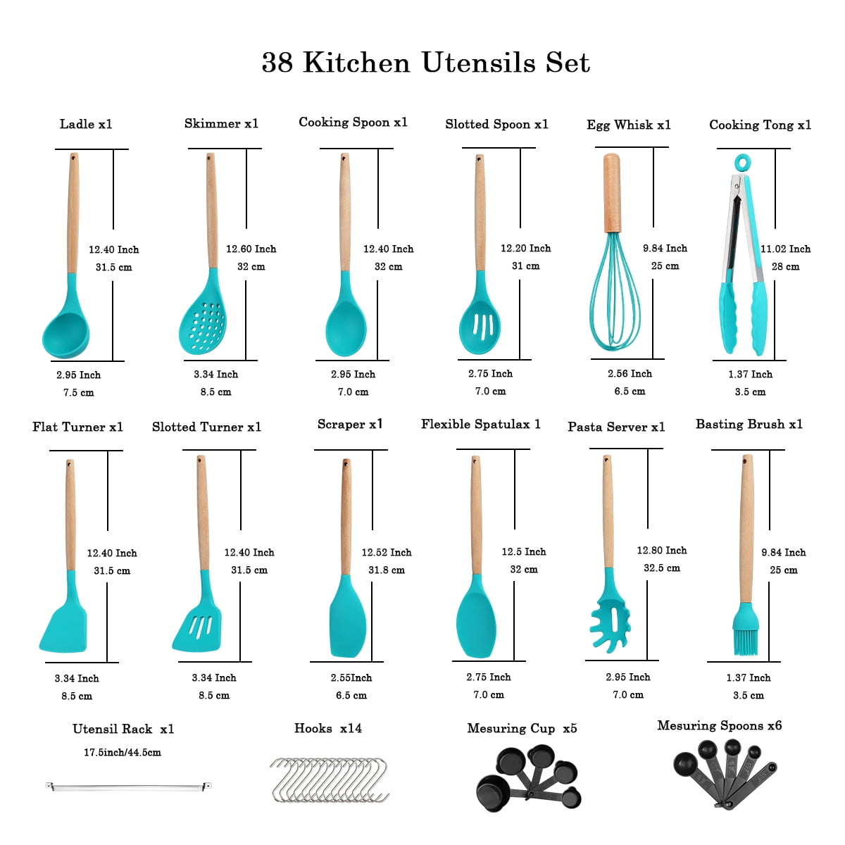 ReaNea Silicone Kitchen Utensils Set 38 Pieces and Utensil Holder (Blue)