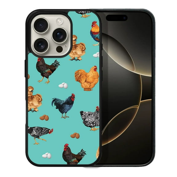 WIRESTER Shockproof Soft Rubber Cover Case for Apple iPhone 16 Pro 6.3" 2024, Barnyard Chicken Roosters Teal Background