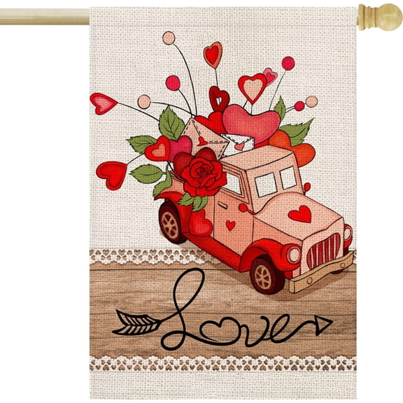 Valentines Day House Flag 28x40 Inch Double Sided Arrow Love Heart Floral Truck Outside Burlap for Rustic Anniversary Wedding Holiday Outdoor Yard Decoration