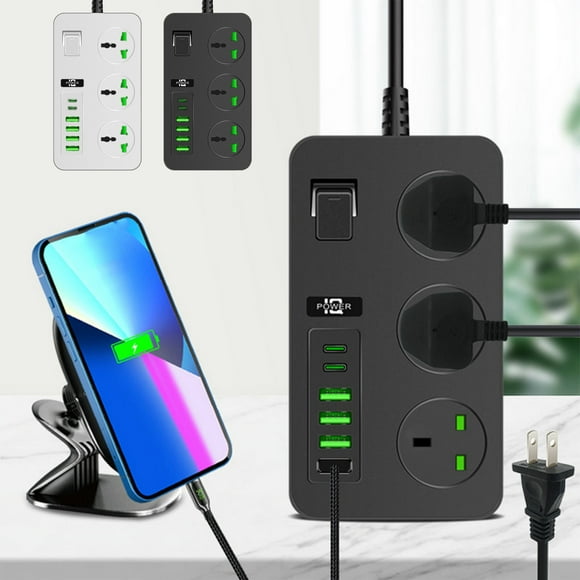 Sobretensión de regleta | Enchufe múltiple con puertos USB | 3 enchufes, 6 USB, 3000W, protección contra sobrecargas, interruptores individuales, montaje en la pared | Blanco | 6,7x3,9x0,9 pulgadas