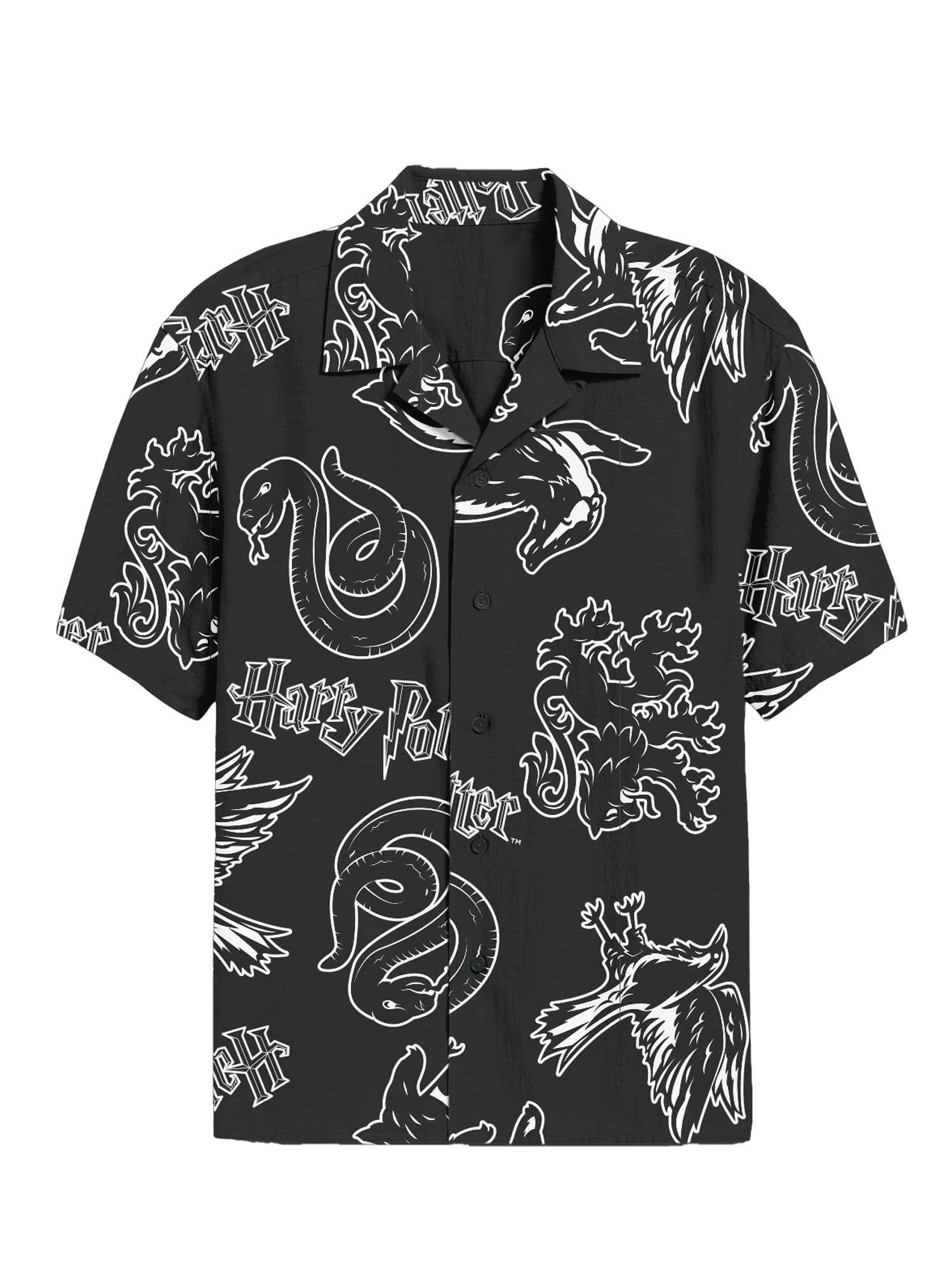 Harry Potter Men’s Short Sleeve Button-Up Camp Shirt, Line Work, Sizes S–3XL