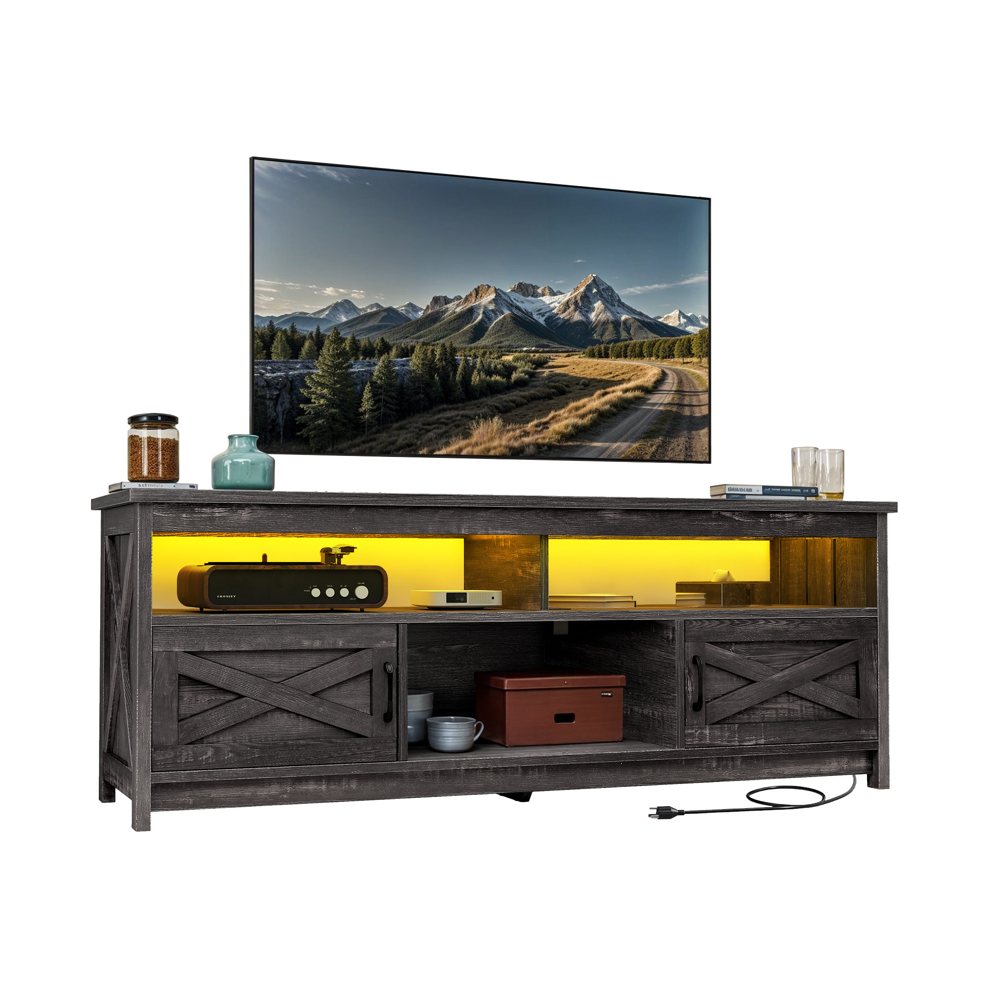 Uforic 65 Inch Farmhouse TV Stand Fits 70/75 Inch Flat Screen TV with RGB Ambient Light, Cable Holes, Built-in Power Station & Multi Storage Space for Living Room, Dark Grey
