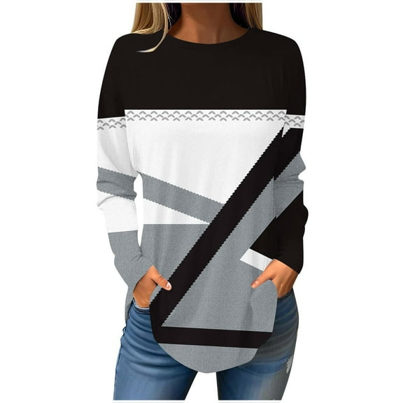 VALMASS Women Long Sleeve Striped Shirts Casual Curved Hem Pullover Crewneck Tops Dailywear Lightweight Loose Blouses (L, Black)