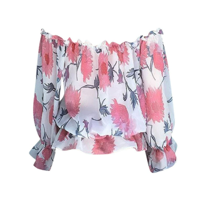 Chiffon Print Off Shoulder 3/4 Sleeve Blouses Chiffon Print Off Shoulder 3/4 Sleeve Blouses
