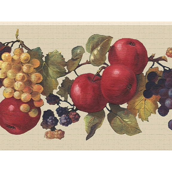 Dundee Deco's Peel and Stick Wallpaper Border - Fruits Beige Red Purple Apples and Grapes Wall Border Retro Design, 15 ft x 7 in, Self Adhesive