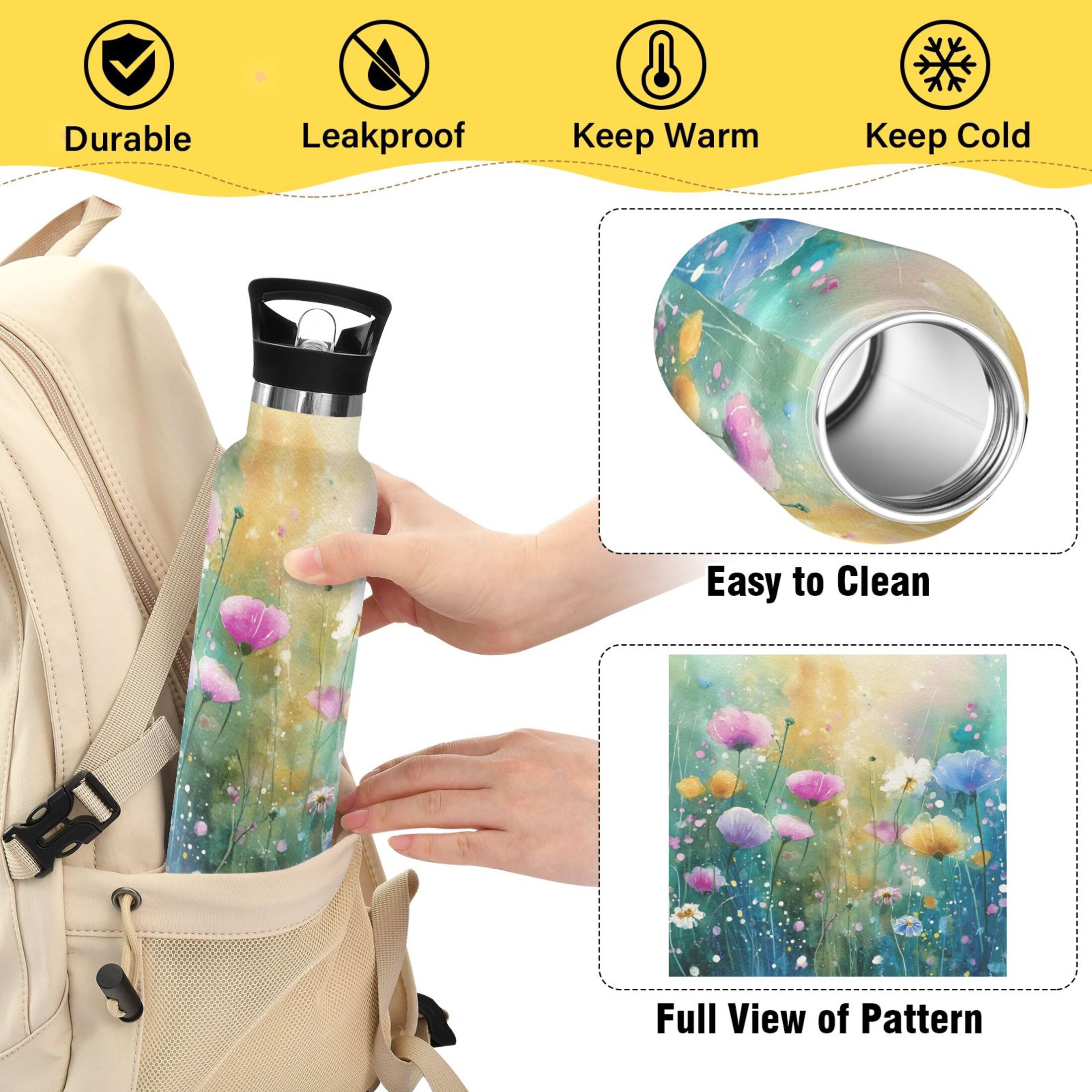 Kids Insulated Stainless Steel Sports Water Bottle 600ml (20oz) Watercolor Wildflowers
