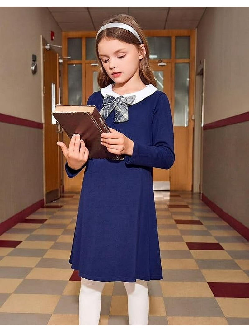 Oudiya Girls Navy Blue Vintage Long Sleeve Dress, Peter Pan Collar