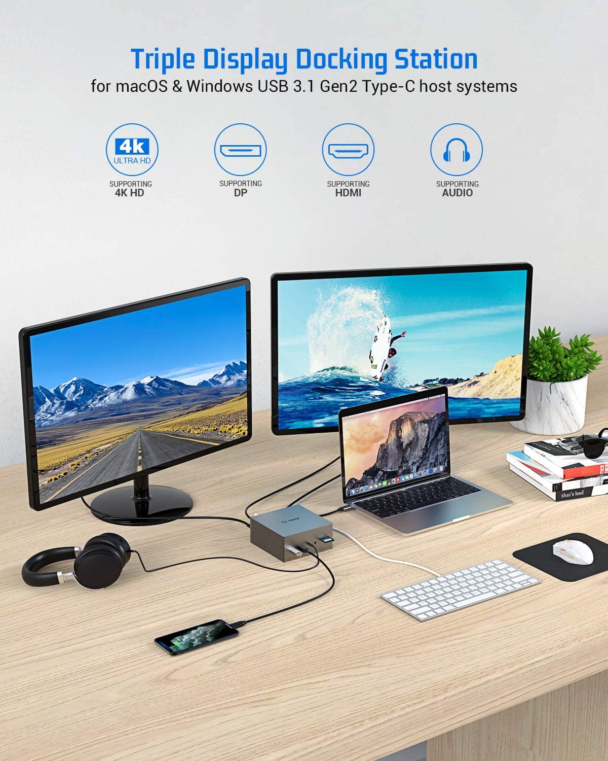 AsterOutdoor Universal USB-C 4K Triple Display Docking Station 60W Power Delivery with HDMI and Dual DisplayPort