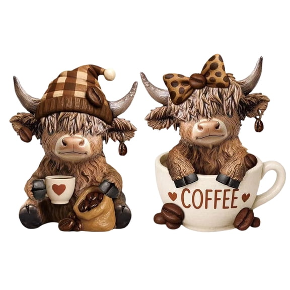 Ruanlalo 1/2Pcs Coffee Cup Highland Cow Figurine Coffee Bean Highland Cattle Resin Statue Sculpture Decoration Ornament Calf Lovers Gifts